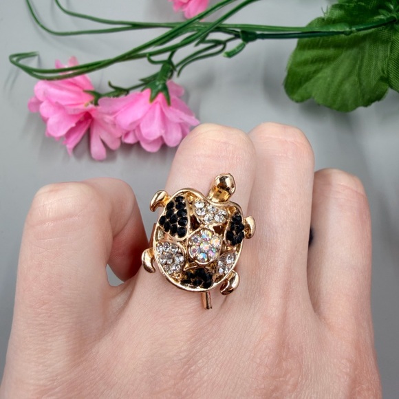 Gold Turtle Cocktail Ring with Black and Clear Crystals with Aurora Borealis - Picture 4 of 7